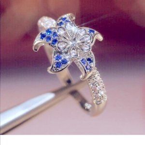New Beautiful 925 Silver Blue Sapphire Diamond Flower Ring